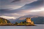 Eilean Donan Castle bathed in evening light, Loch Duich, near Kyle of Lochalsh, Highland, Scotland, United Kingdom, Europe