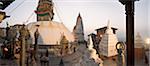 A panorama formed of three frames giving a very wide angle view, taken at dawn at the Buddhist stupa of Swayambu (Swayambhunath) (Monkey Temple), overlooking the Kathmandu valley, UNESCO World Heritage Site, Kathmandu, Nepal, Asia
