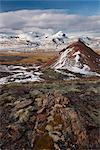 View over Fjardara valley, Borgarfjorur Eystri fjord, Bakkagerdi village and Mount Dyrfjoll (Door Mountain), 1136m, in the distance, from east side of the fjord, East Fjords area, Iceland, Polar Regions