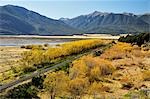 Waimakariri River und Eisenbahn-Tracks, Highländer Canterbury, Südinsel, Neuseeland