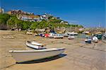 Small fishing boats and yachts at low tide, Newquay harbour, Newquay, Cornwall, England, United Kingdom, Europe