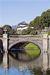 Niju Bashi-Brücke reflektiert in Graben, Hofburg, Tokio, Japan, Asien