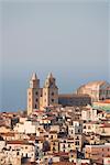 Distant view of Cathedral, Piazza Duomo, Cefalu, Sicily, Italy, Europe