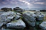 Dépoli affleurement de granit sur Hayne Down, looking towards Hound Tor à l'horizon, Parc National de Dartmoor, Devon, Angleterre, Royaume-Uni, Europe