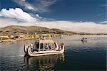 Tourists on reed boat and the floating islands of the Uros people, Lake Titicaca, Peru, South America