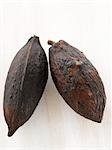 Deux fruits de cacao sur la surface en bois blanche