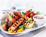 Grilled sausages and vegetables