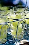 Glasses of water with green grapes in a glass carrier