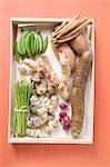 Various types of vegetables, galangal and mushrooms in box