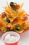 Nachos with cheese, olives, chilli rings, ketchup & sour cream