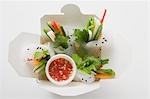 Reis-Papier-Rollen mit Gemüse & Soße in Take-Away-Behälter