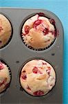Redcurrant muffins in baking tin (overhead view)