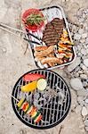 Vegetables on barbecue, meat, sausages, kebabs in dish