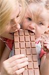 Mother and young daughter biting into a bar of chocolate