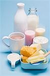 Various dairy products, cheese and milkshakes