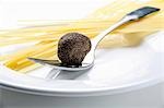 Black truffle (Chinese truffle) on fork & spaghetti on plate