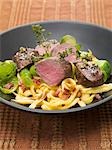 Loin of venison with spaetzle (noodles), bacon & Brussels sprouts