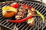 Pork kebabs and vegetables on barbecue rack