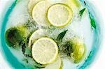 Limes and mint leaves in block of ice (overhead view)