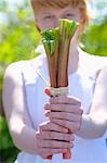 Girl holding sticks of rhubarb in her hands