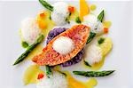 Red mullet with asparagus, purple potatoes and citrus fruit