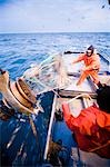 Deckhands lower a baited pot over the deck of the F/V Centurion while cod fishing in Kachemak Bay, Alaska