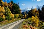 Fall colors and snowcapped peaks along the Palmer Creek Road near Hope in the Chugach National Forest on the Kenai Peninsula of Southcentral Alaska.