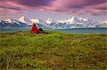 Männliche touristischen Ansichten Mt.Mckinley & Alaska Range in der Nähe von Wonder Lake Denali Nationalpark Alaskas Sommer