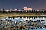 Face nord de la chaîne de l'Alaska et de Denali se reflètent dans l'étang de toundra de petits dans le Parc National Denali, en Alaska. Automne 2008