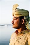 Side profile of a groom thinking, Udaipur, Rajasthan, India