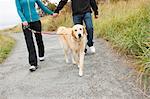 Couple de promener le chien de Puget Sound dans Discovery Park, Seattle, Washington, USA