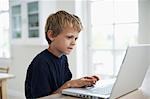Boy using laptop in dining room