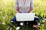 Woman with Laptop sitting in wild meadow