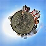 Beagle and houses with little planet effect