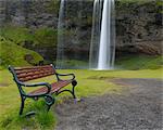 Bench, Seljalandsfoss, South Iceland, Iceland