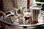 Silver Tray with Various Containers at Hindu Wedding Ceremony