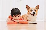 Welsh Corgi Pembroke und entspannenden Boy