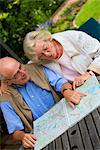 Senior couple on terrace looking in road map