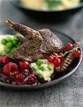 Pigeon with summer fruit and celery purée with peas