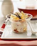 Fruit salad with fromage blanc and popcorn