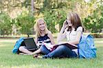 Deux jeunes filles à faire leurs devoirs sur l'herbe