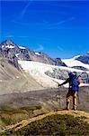 Male backpacker stops to view Gulkana Glacier while hiking in the Alaska Range, Southcentral Alaska, Summer/n