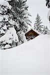 Rustic log cabin is hidden by deep snow, Southcentral Alaska, Winter