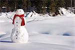 Snowman with a red scarf and black top hat sitting next to a snow covered river bed, Southcentral Alaska, Winter