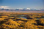 Aerial View of the lakes and Birch forests at Point Mackenzie on the opposite side of Knik Arm from Anchorage with the Chugach Mountains in the background, Southcentral Alaska