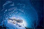 Innenansicht einer Eishöhle, die auf der Suche nach außen in der verschneiten Landschaft, Mendenhall-Gletscher in der Nähe von Juneau in Southeast Alaska Winter aus
