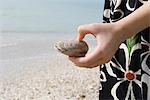 Girl holding clam shell on beach, cropped