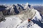 Climber on summit ridge of Island Peak, 6189m, Ama Dablam, 6812m, Solu Khumbu Everest Region, Sagarmatha National Park, Himalayas, Nepal, Asia