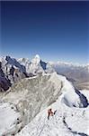 Climber on summit ridge of Island Peak, 6189m, Ama Dablam, 6812m, Solu Khumbu Everest Region, Sagarmatha National Park, Himalayas, Nepal, Asia