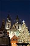 Arbre de Noël, église gothique Tyn et statue de Jan Hus à nuit, place de la vieille ville, Stare Mesto, Prague, République tchèque, Europe